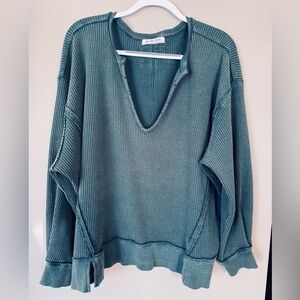 Free People Green V-Neck Ribbed Sweatshirt